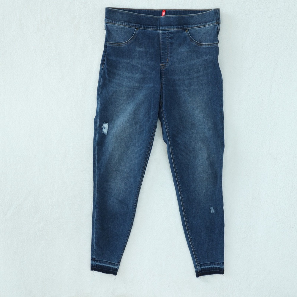 Spanx Ankle Skinny Jeans Women's Large Medium Blue Distressed High Rise Pull On